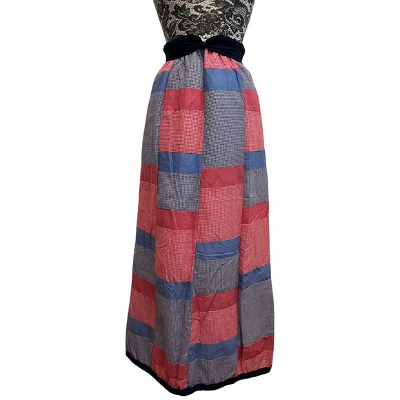 J. Estes Skirt Vintage 70s Patchwork Quilted Maxi Red Blue Flowy  Boho Prairie M - Picture 1 of 12